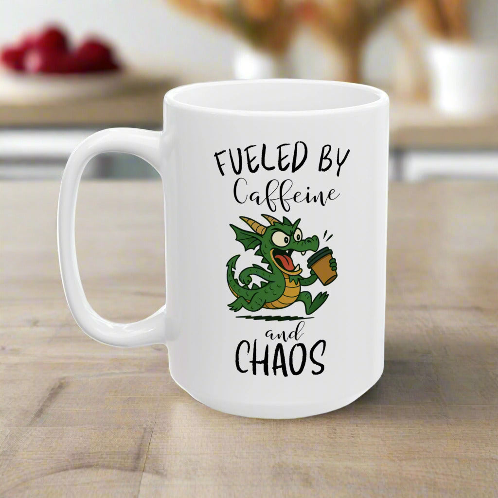 Fueled by Caffeine and Chaos Mug – Funny Dragon Coffee Cup for Fantasy Fans