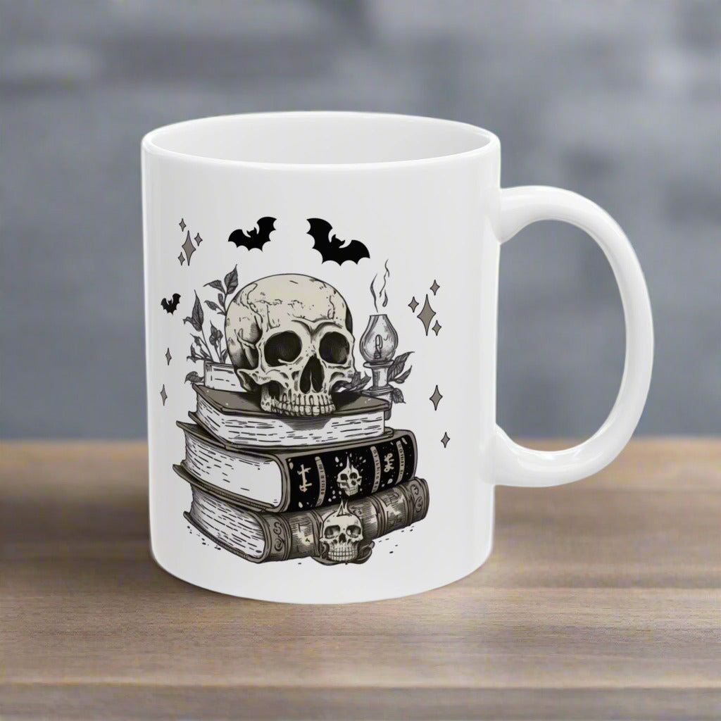 Dark Academia Skull Mug - Spooky Book and Candle Design - Perfect Coffee or Tea Gift for Halloween & Gothic Lovers
