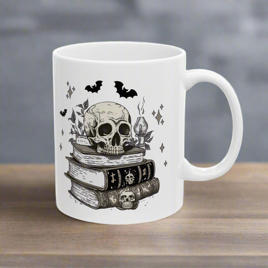 Dark Academia Skull Mug - Spooky Book and Candle Design - Perfect Coffee or Tea Gift for Halloween & Gothic Lovers