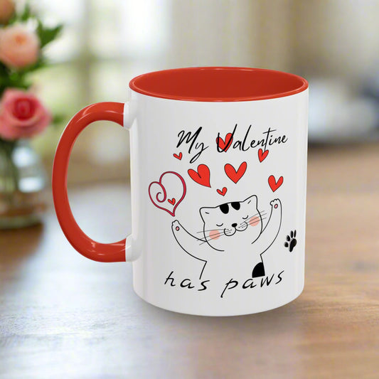 Valentine's Day Cat Accent Mug – "My Valentine Has Paws" Cute Love Coffee Mug for Cat Lovers