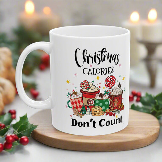 Funny Christmas Mug - "Christmas Calories Don't Count" Holiday Coffee Cup - Festive Gift for Coffee & Hot Chocolate Lovers