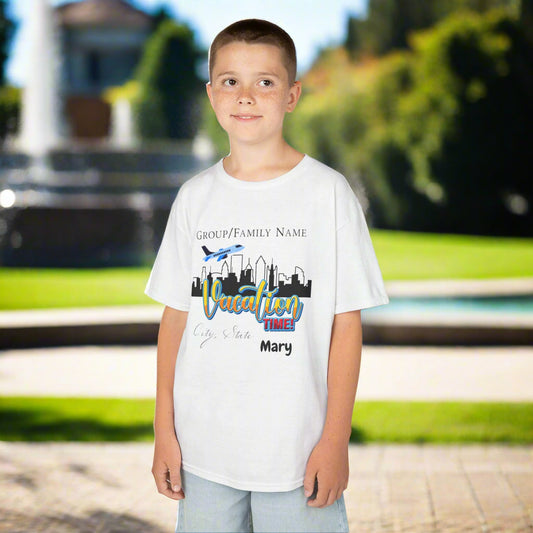 Kids Tee Personalized Vacation T-Shirt, Family Trip Shirt, Travel T-Shirt, Custom Group Vacation Tee, Summer Vacation Souvenir City Trip Custom “Vacation Time!” Family Trip T-Shirt, Personalized Group Name, City & State Travel Tee