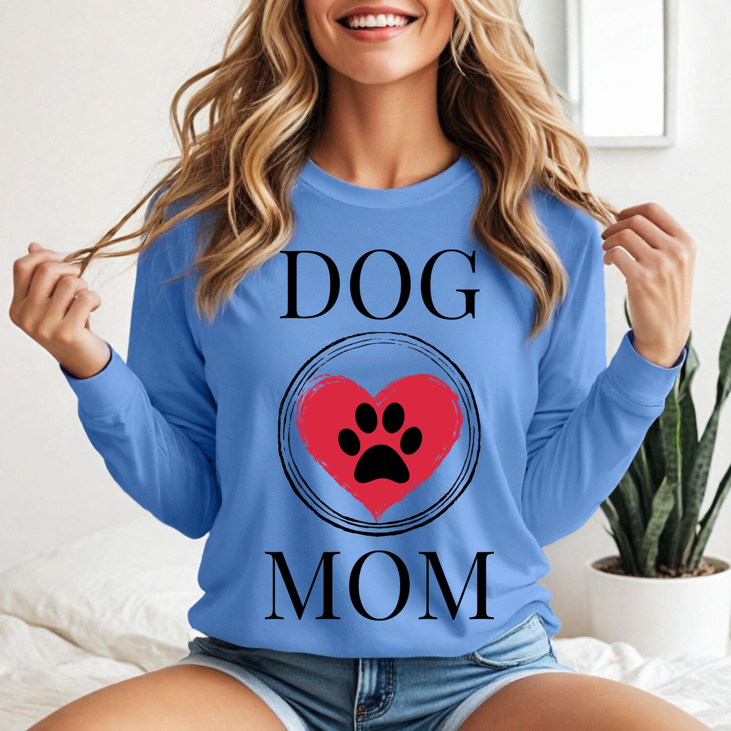 Dog Mom Paw Print Heart T-Shirt, Pet Lover Tee, Animal Parent Shirt, Puppy Owner Top, Cute Doggie Theme Clothing Long Sleeve Tee