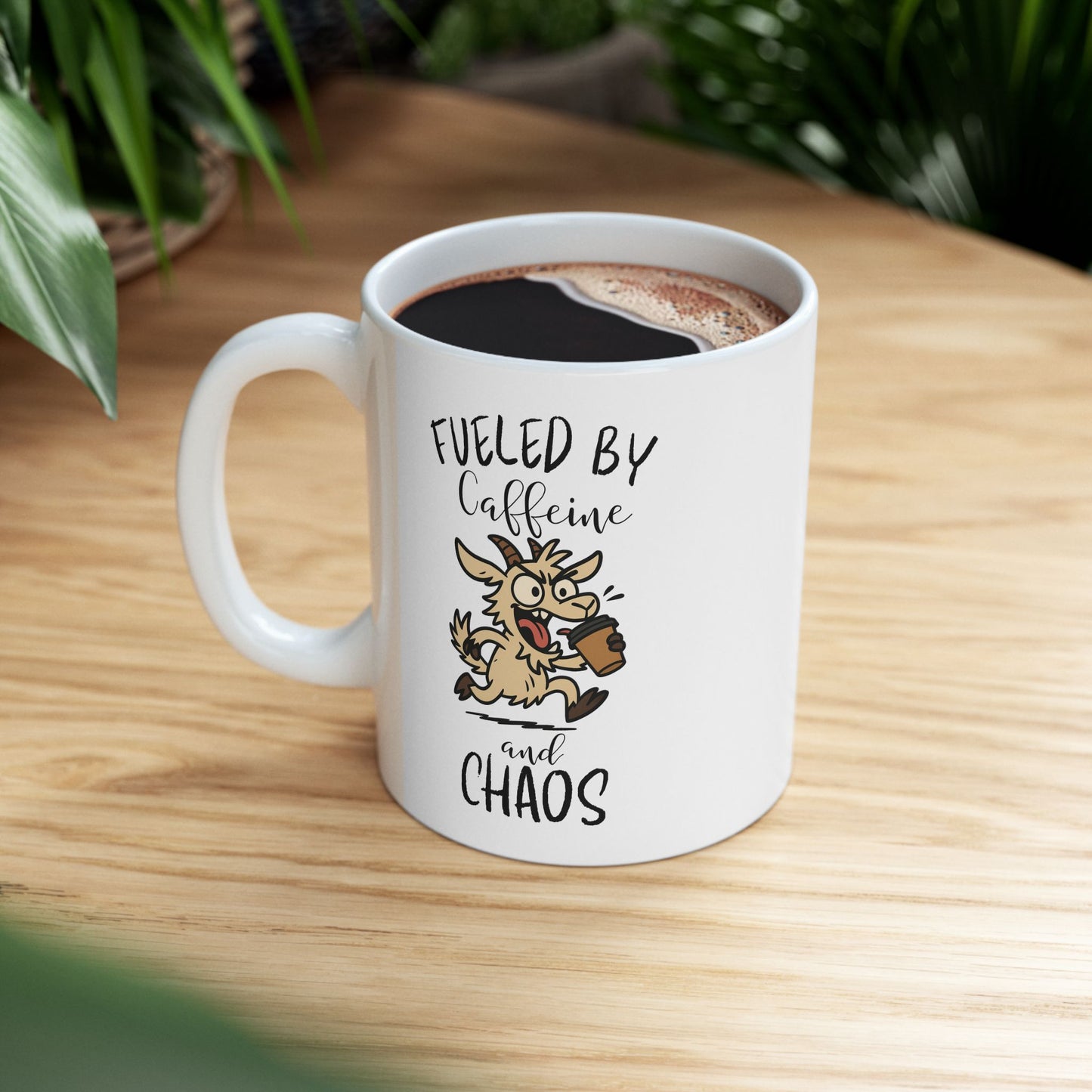 Fueled by Caffeine and Chaos Goat Mug – Funny Coffee Cup for Animal Lovers