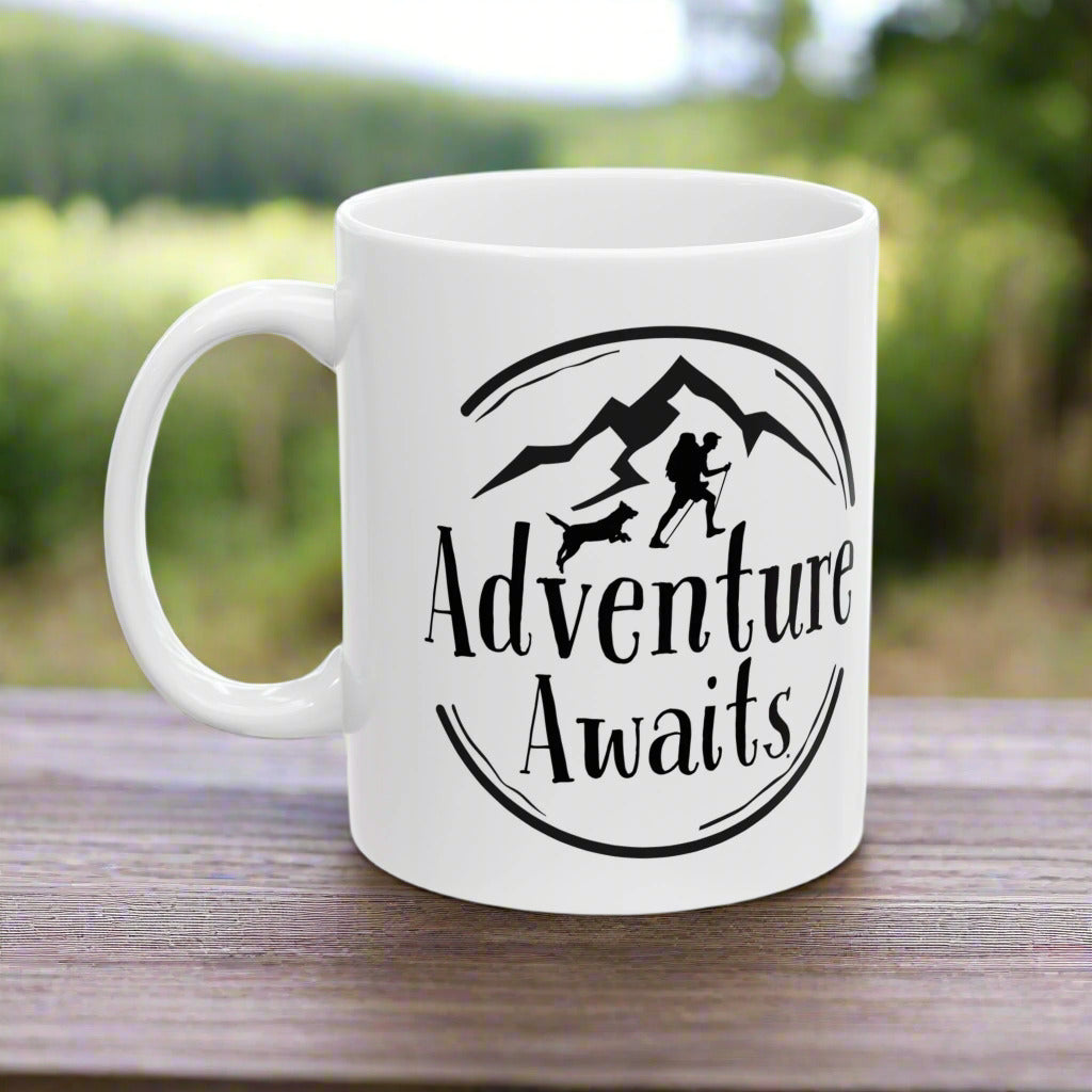 “Adventure Awaits” Hiking and Dog Lover Mug – Perfect Ceramic Coffee Cup for Outdoor Enthusiasts