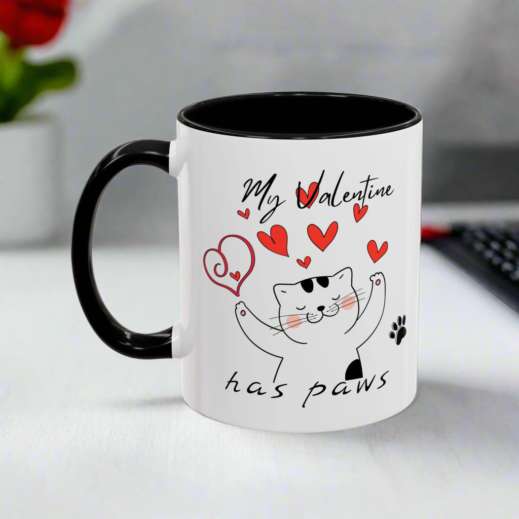 Valentine's Day Cat Accent Mug – "My Valentine Has Paws" Cute Love Coffee Mug for Cat Lovers