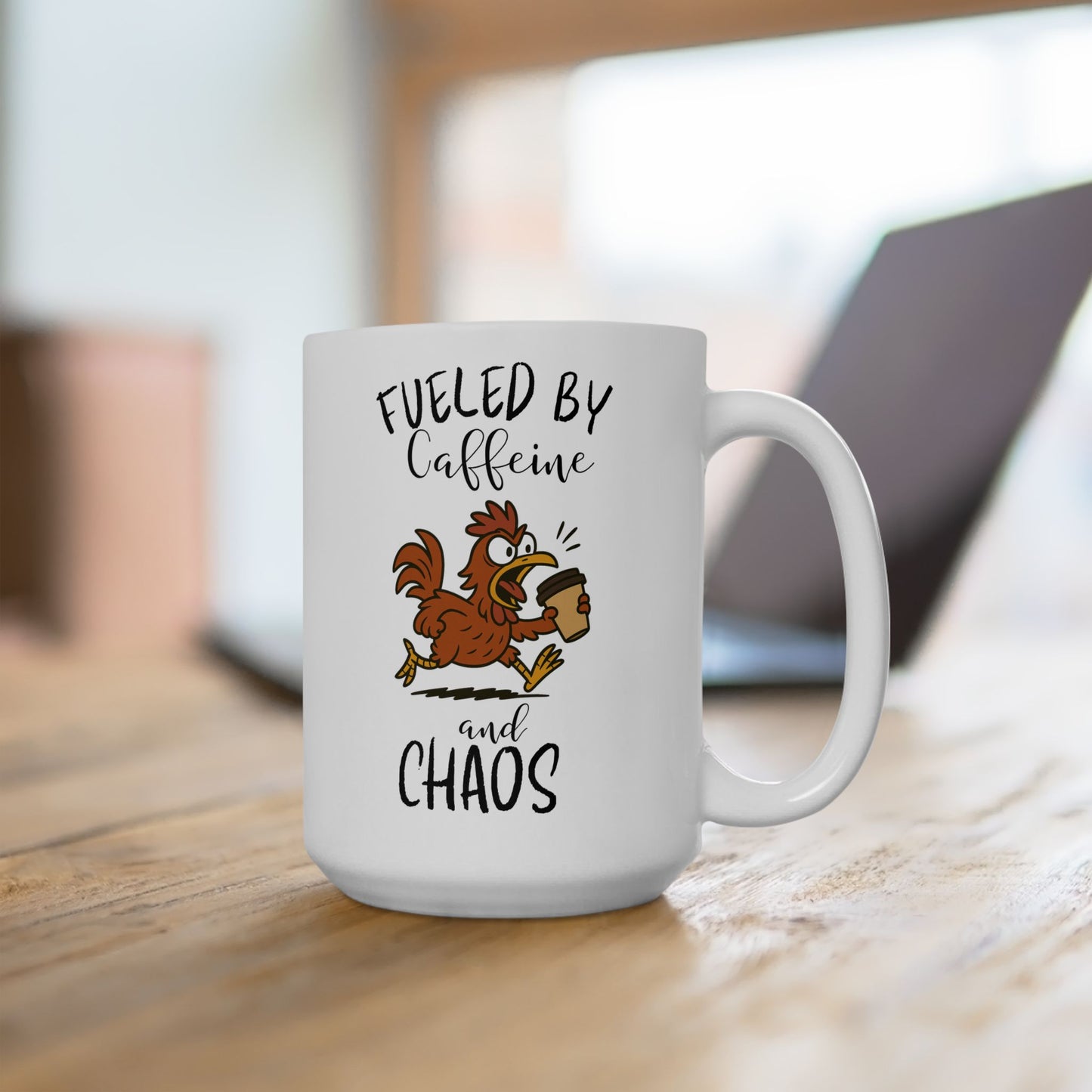 Fueled by Caffeine and Chaos Mug – Funny Chicken Coffee Cup for Animal Lovers & Morning People