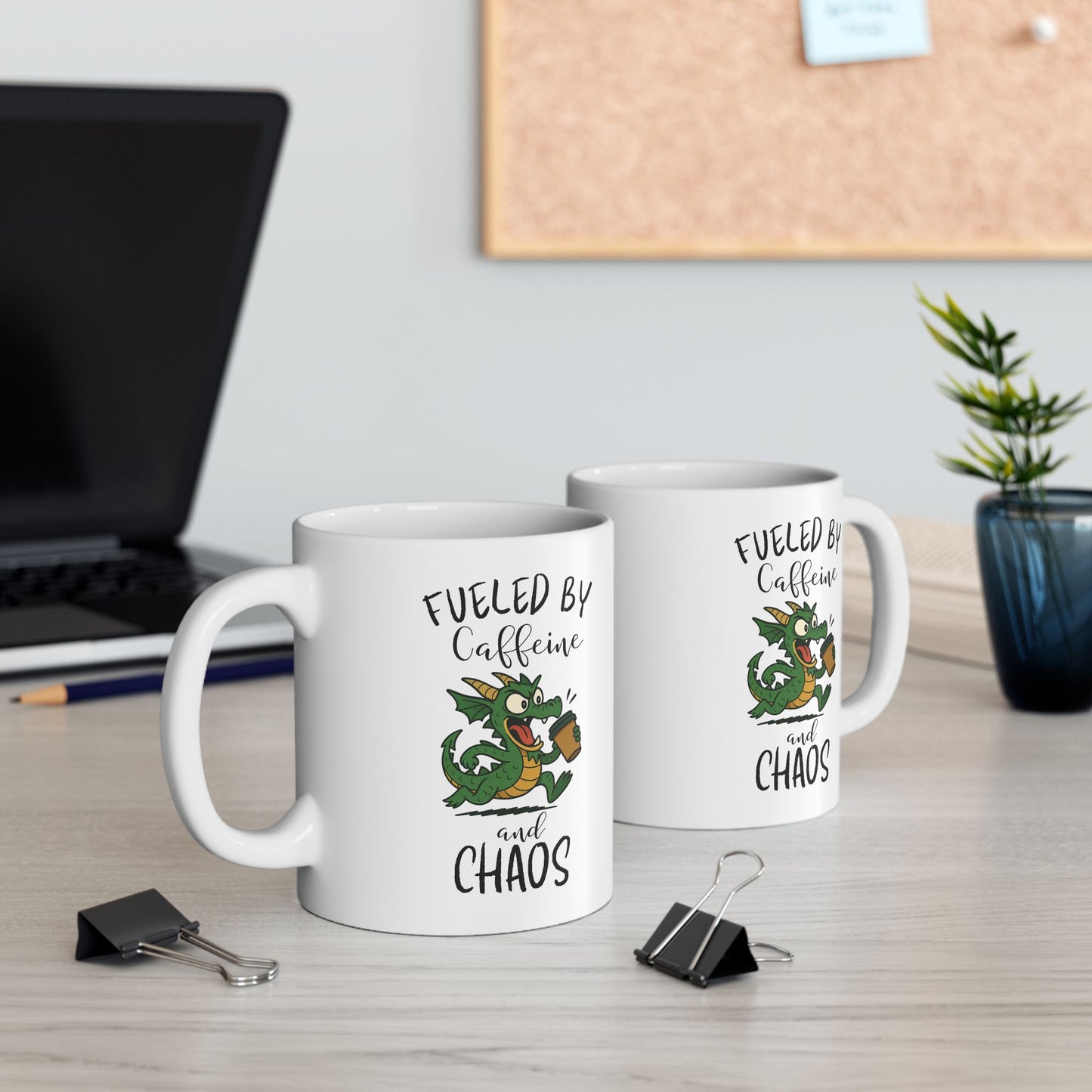 Fueled by Caffeine and Chaos Mug – Funny Dragon Coffee Cup for Fantasy Fans