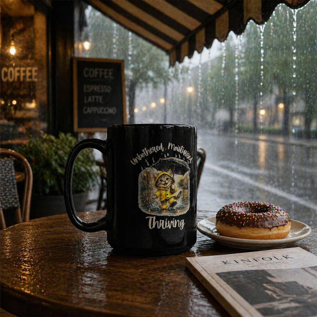 Cat Coffee Mug, Unbothered Moisturized Thriving Mug, Funny Cat Mug, Rainy Day Mug, Cute Cat Coffee Cup, Gift for Cat Lovers, 11oz, 15oz, Black, White Mug
