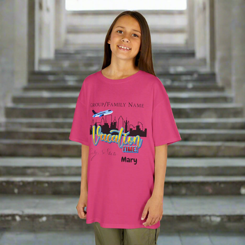 Kids Tee Personalized Vacation T-Shirt, Family Trip Shirt, Travel T-Shirt, Custom Group Vacation Tee, Summer Vacation Souvenir City Trip Custom “Vacation Time!” Family Trip T-Shirt, Personalized Group Name, City & State Travel Tee