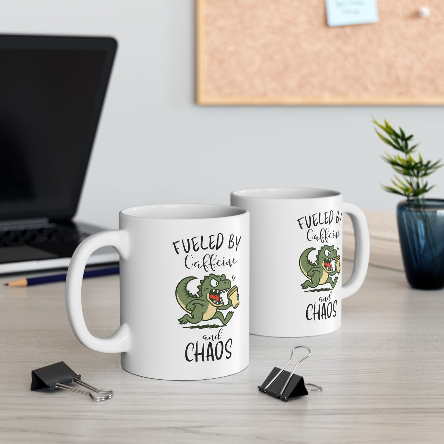 Fueled by Caffeine and Chaos Mug – Funny T-Rex Coffee Cup for Dinosaur Lover