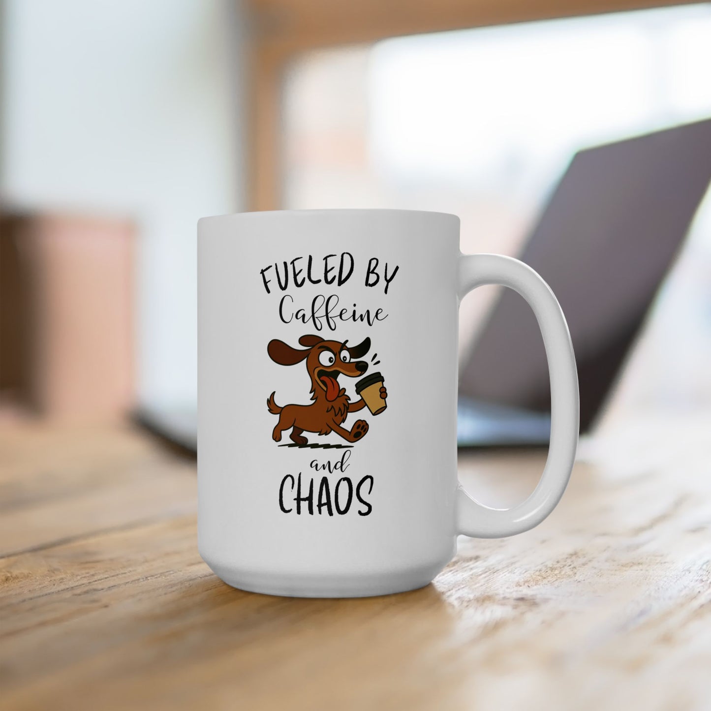Fueled by Caffeine and Chaos Mug – Funny Dachshund Coffee Cup for Dog Lovers