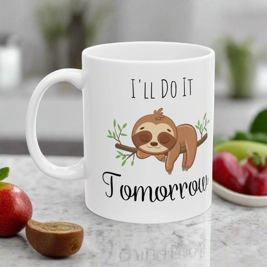 “I’ll Do It Tomorrow” Sloth Coffee Mug – Funny Lazy Sloth Ceramic Cup for Procrastinators
