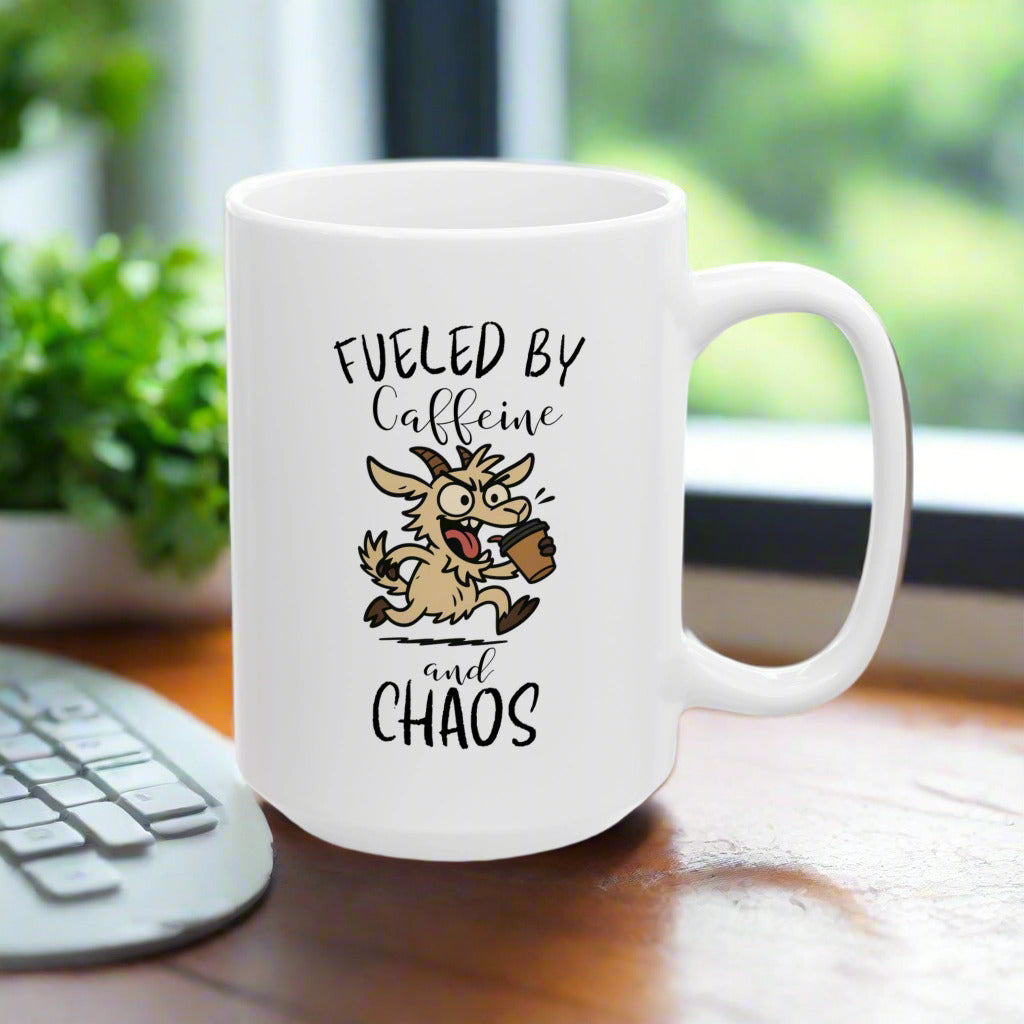 Fueled by Caffeine and Chaos Goat Mug – Funny Coffee Cup for Animal Lovers