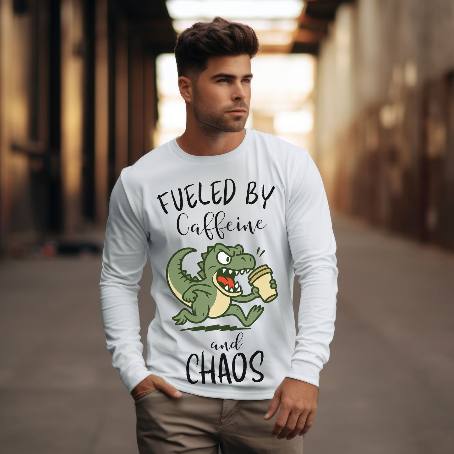Fueled by Caffeine and Chaos Dinosaur Long Sleeve T-Shirt – Funny Coffee T-Rex Tee for Caffeine Addicts