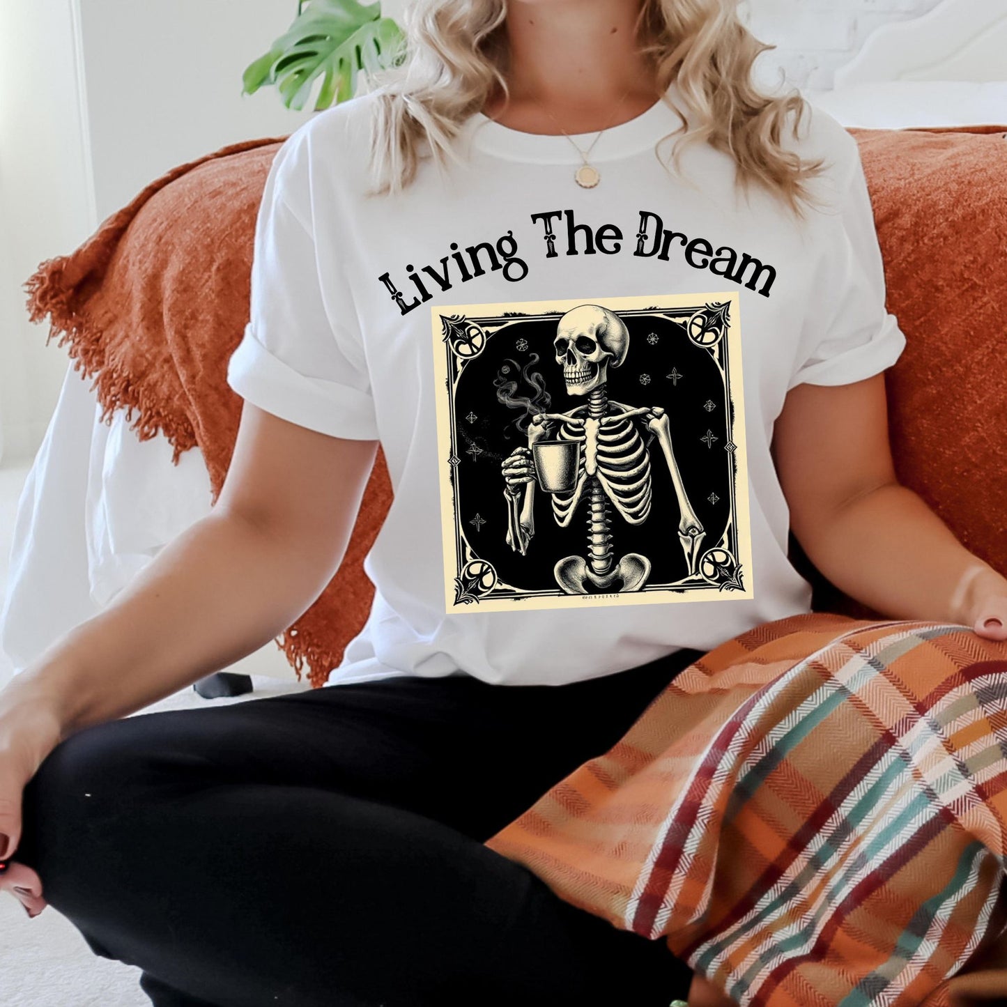 Skeleton Coffee Lover T-Shirt Vintage Goth Style, “Death Before Decaf”