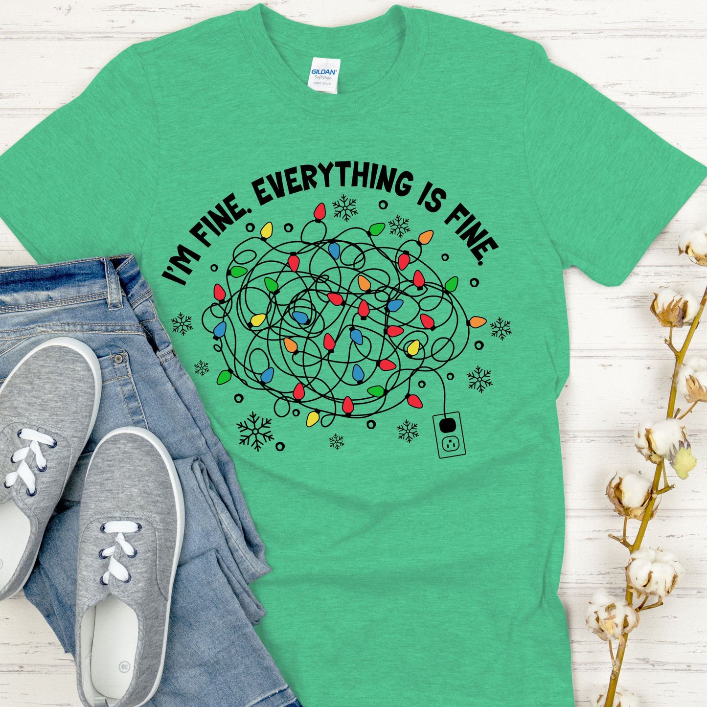 Funny Christmas T-Shirt - I'm Fine Tangled Lights Design