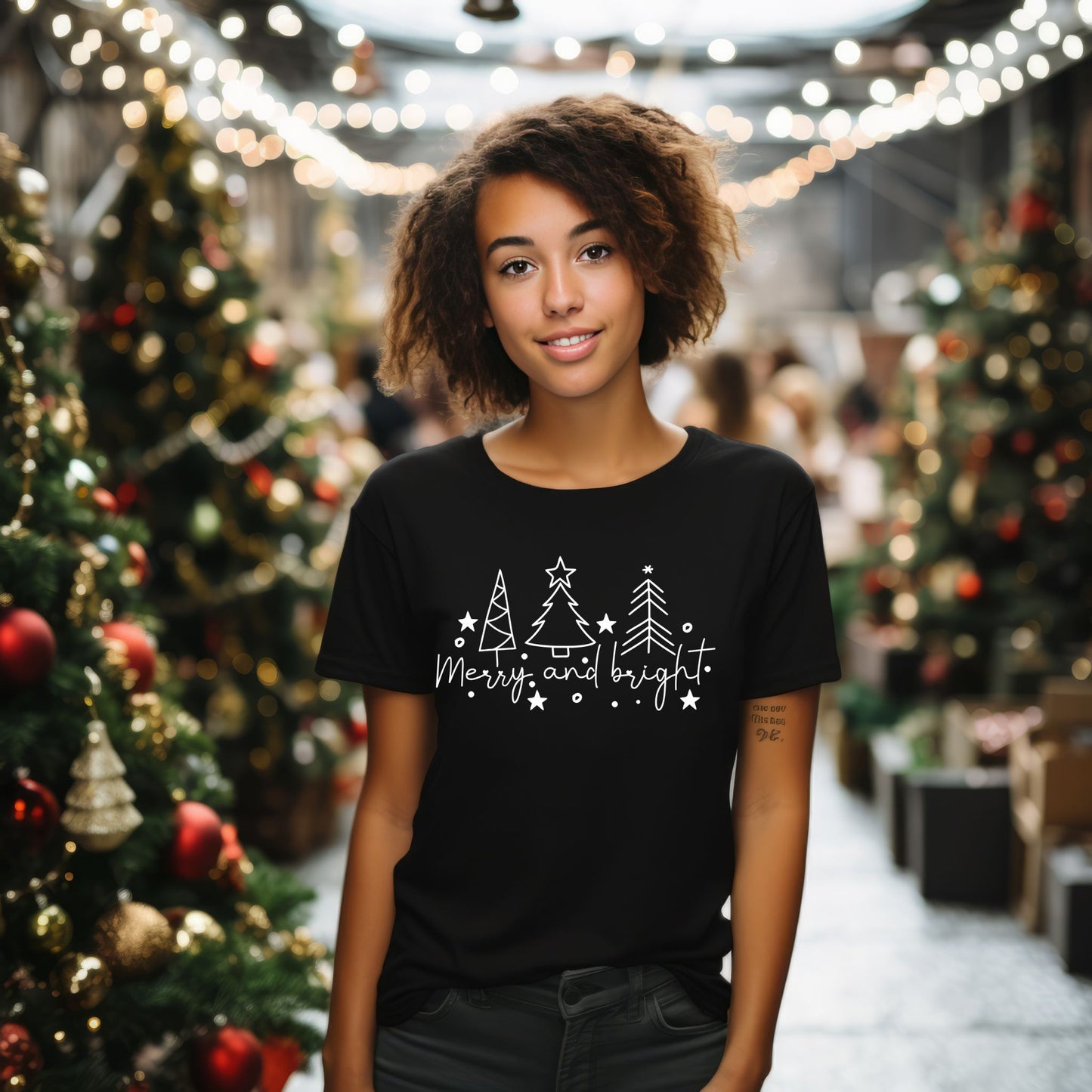Christmas Tree Line Drawing T-Shirt. Merry and Bright Tee
