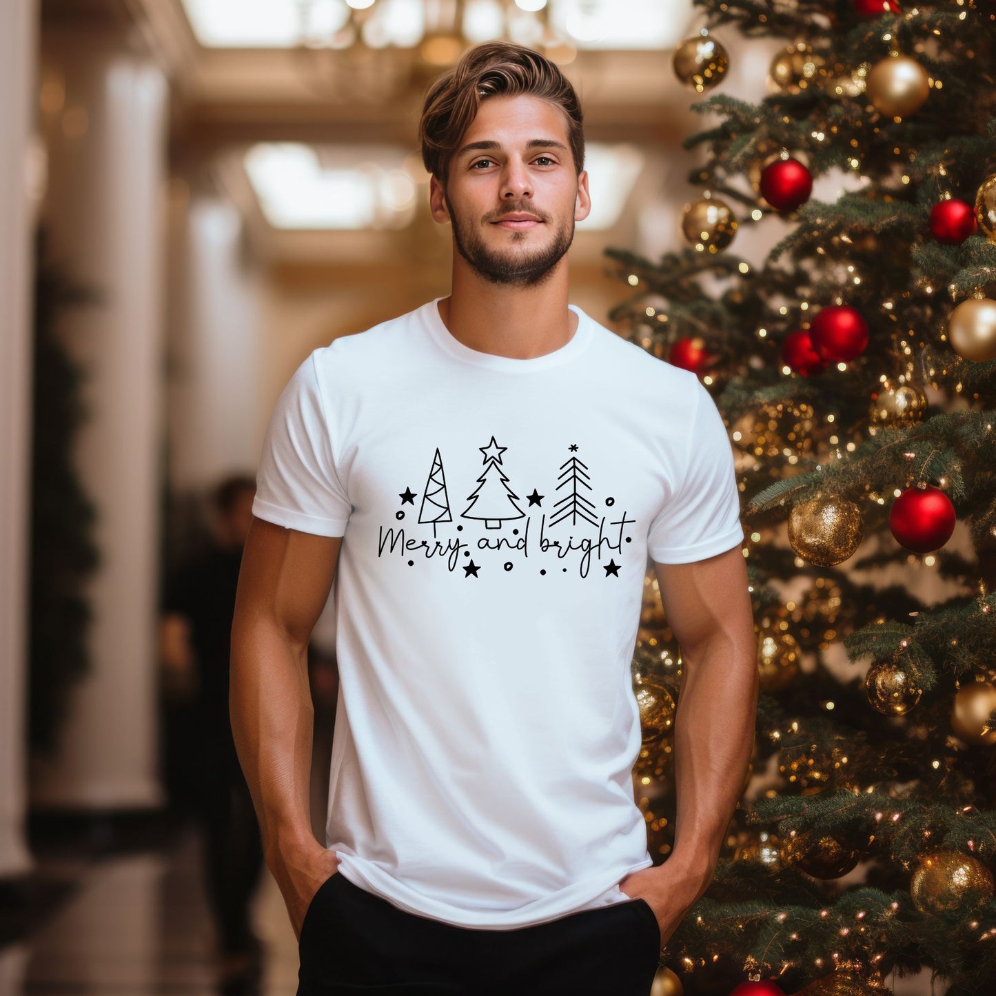 Christmas Tree Line Drawing T-Shirt. Merry and Bright Tee