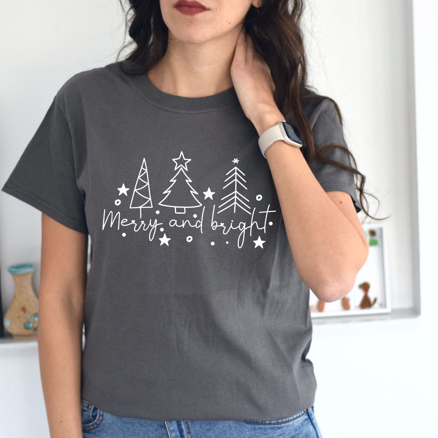 Christmas Tree Line Drawing T-Shirt. Merry and Bright Tee