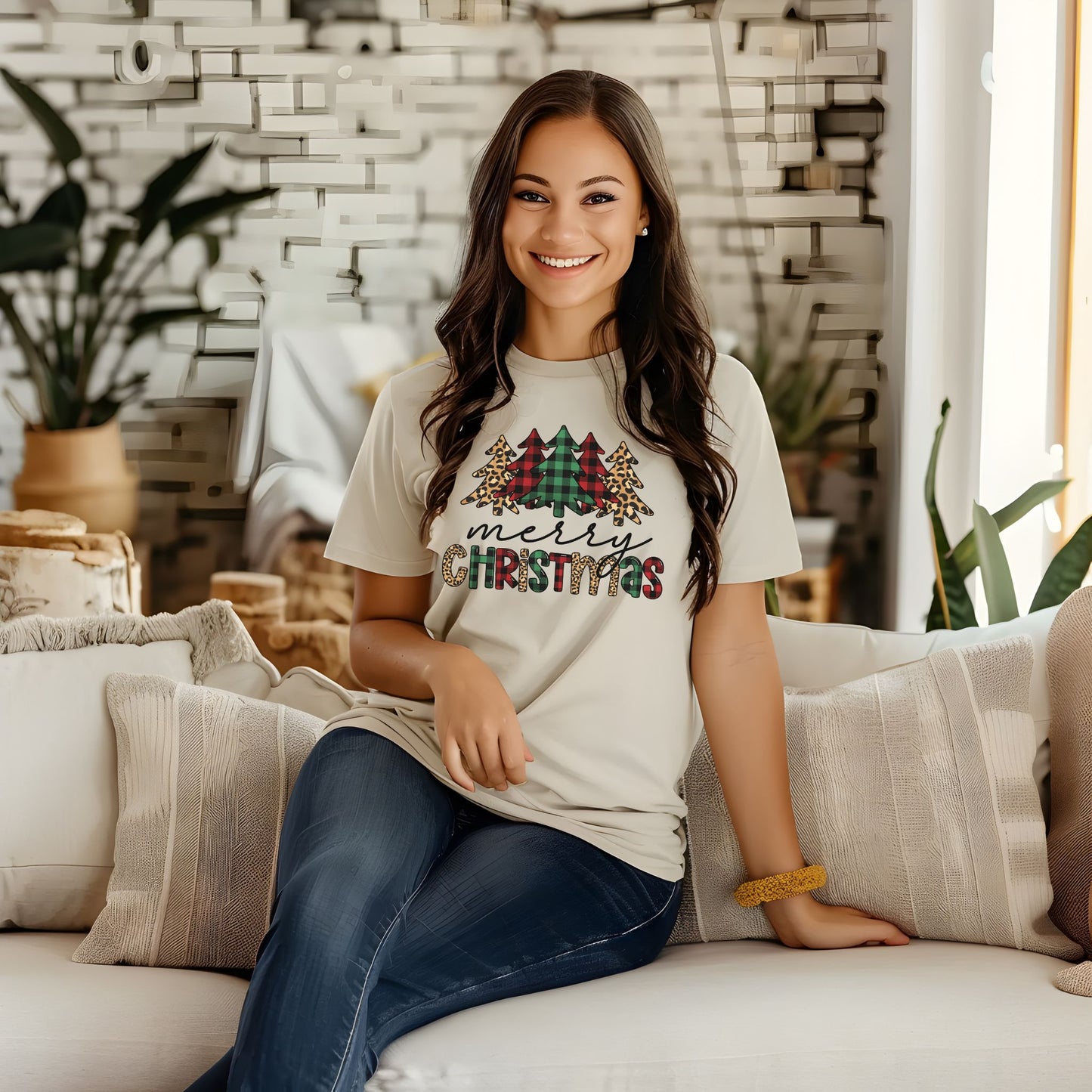 Merry Christmas T-Shirt – Buffalo Plaid & Leopard Print Christmas Tree Graphic Tee