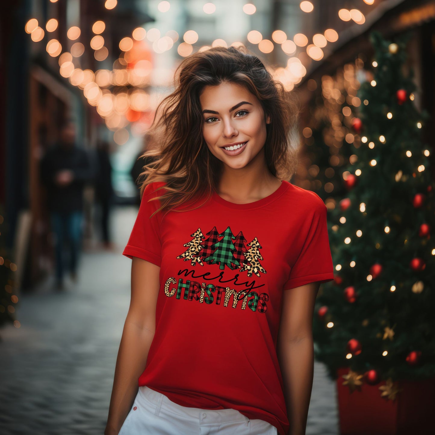 Merry Christmas T-Shirt – Buffalo Plaid & Leopard Print Christmas Tree Graphic Tee