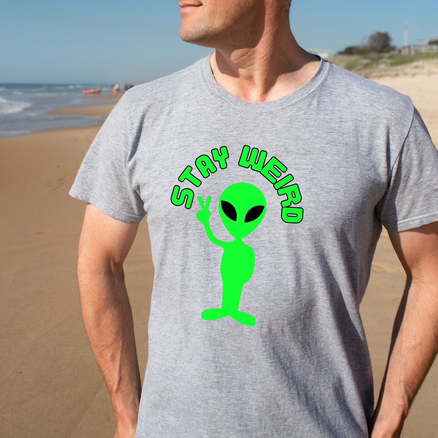 Stay Weird Alien Peace Sign T-Shirt – Fun Retro UFO Graphic Tee
