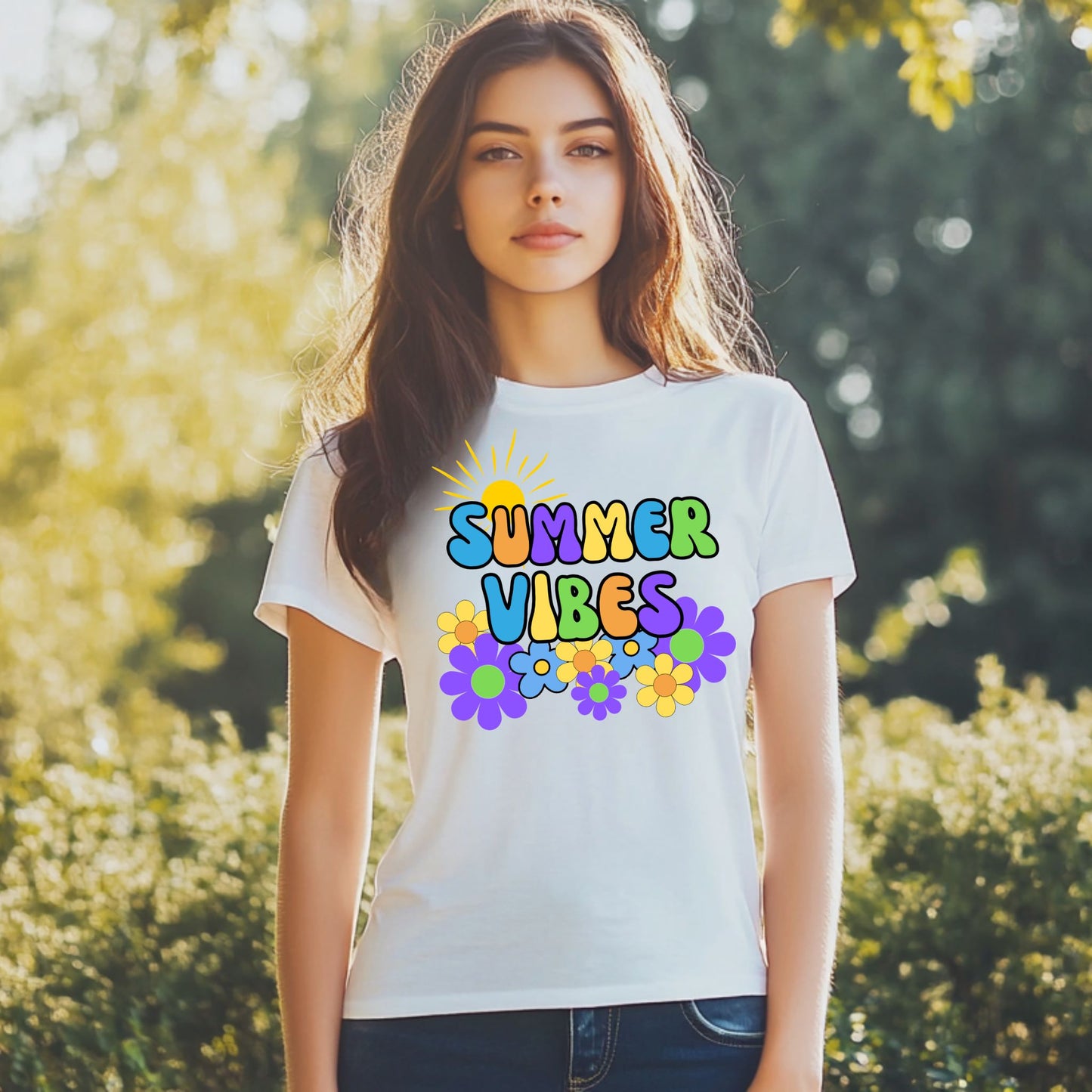 Summer Vibes T-Shirt – Retro Sun & Flower Graphic Tee with Vintage Font