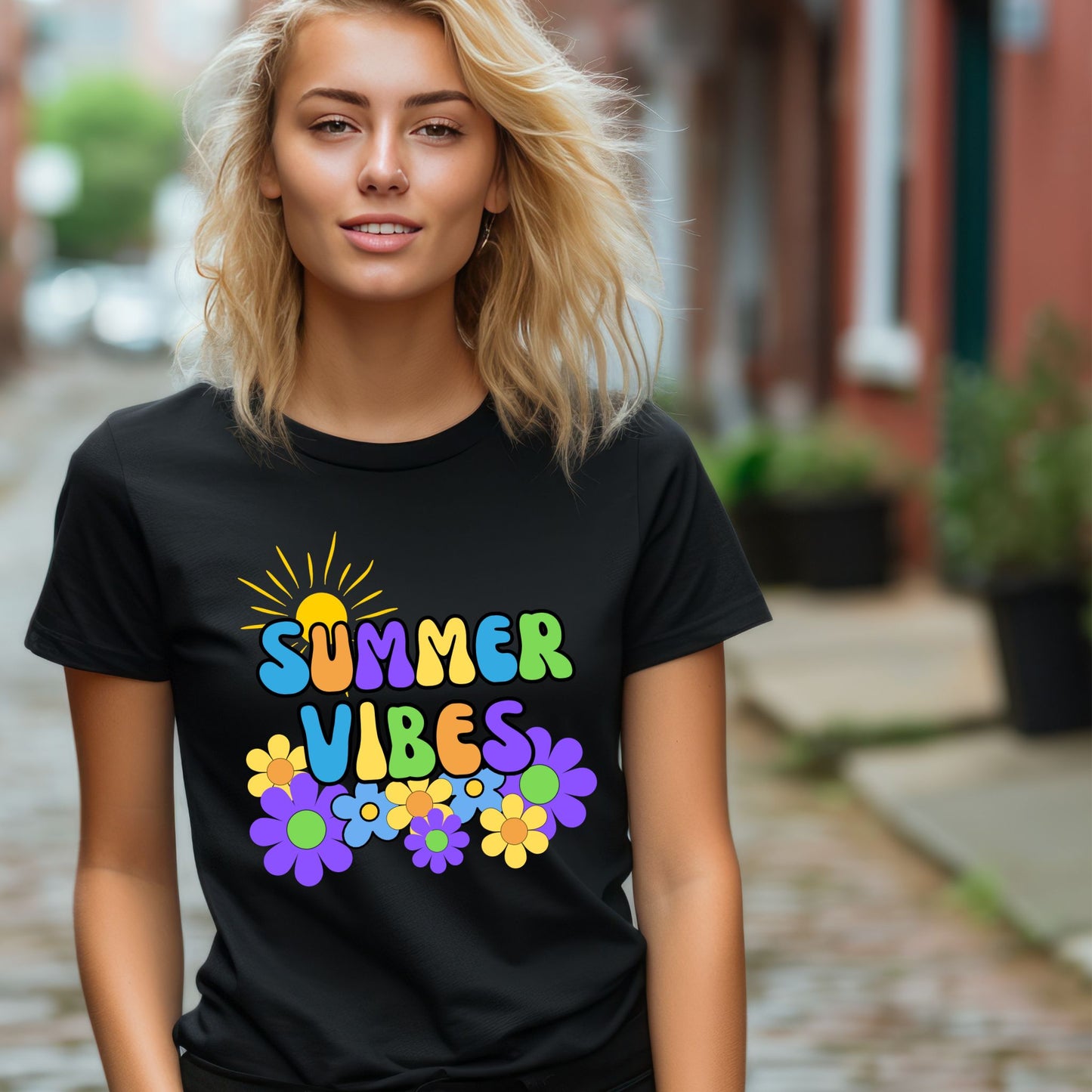Summer Vibes T-Shirt – Retro Sun & Flower Graphic Tee with Vintage Font