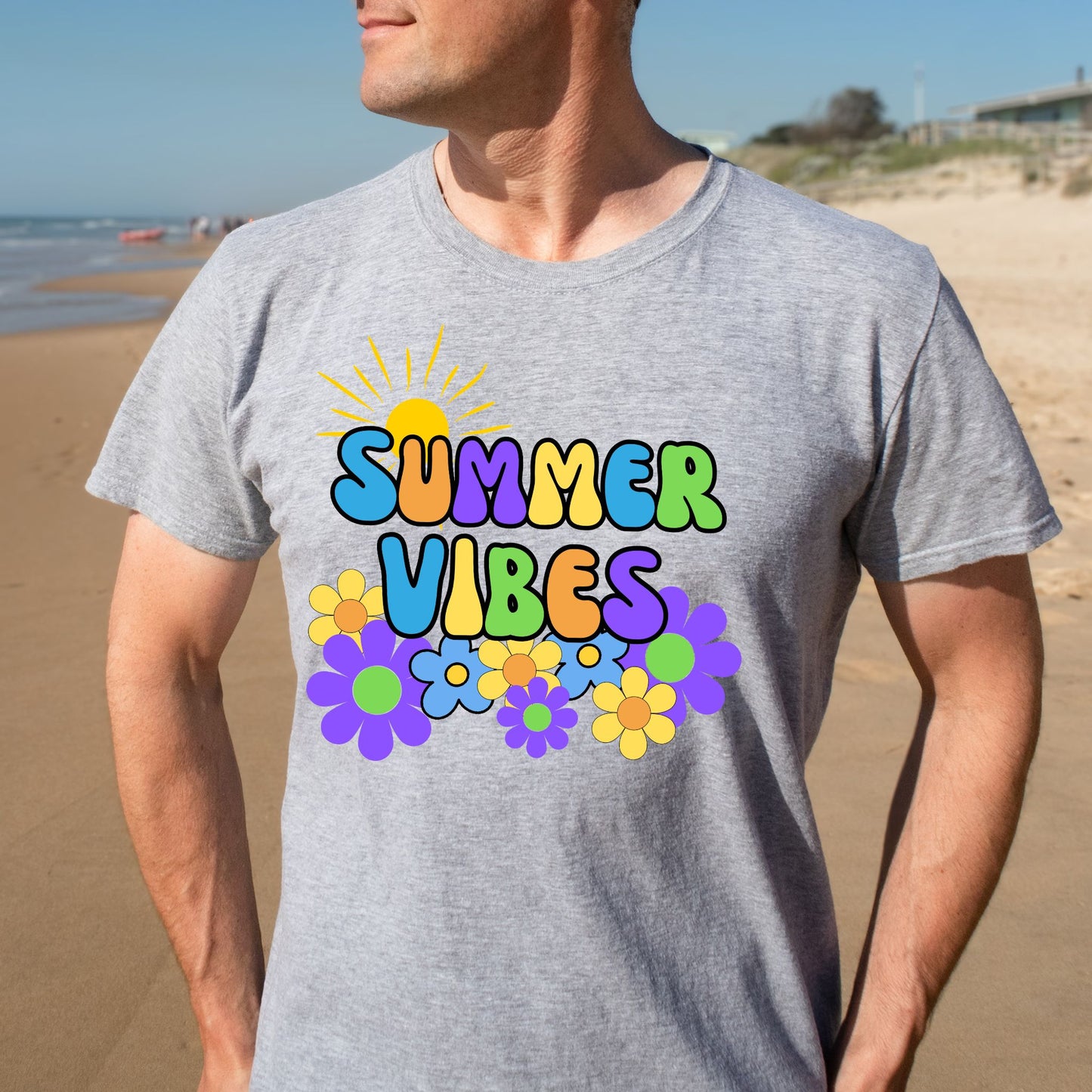 Summer Vibes T-Shirt – Retro Sun & Flower Graphic Tee with Vintage Font