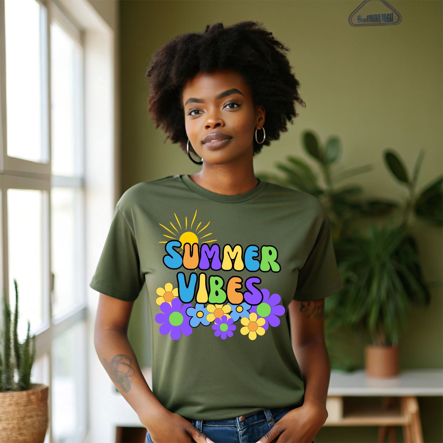 Summer Vibes T-Shirt – Retro Sun & Flower Graphic Tee with Vintage Font