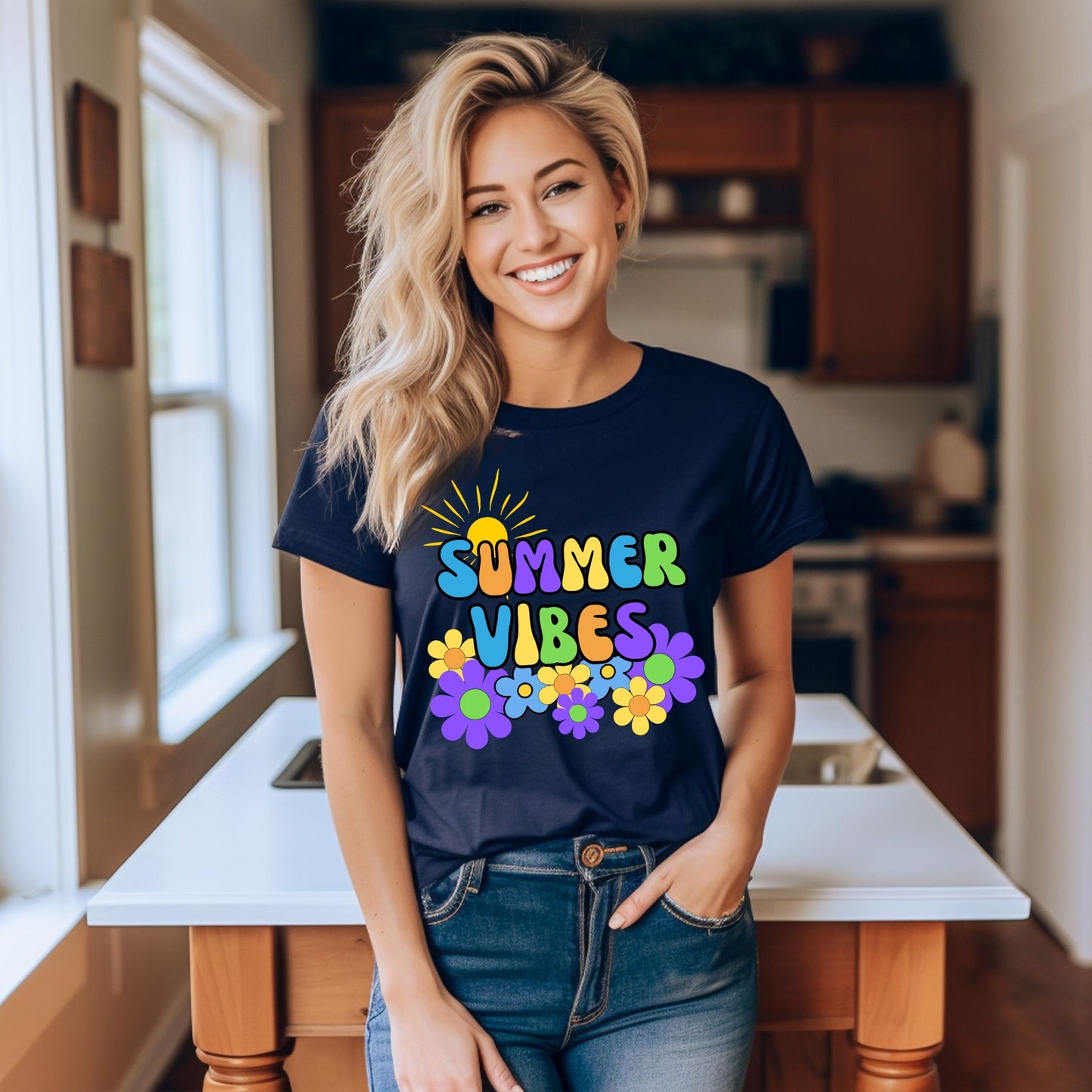 Summer Vibes T-Shirt – Retro Sun & Flower Graphic Tee with Vintage Font