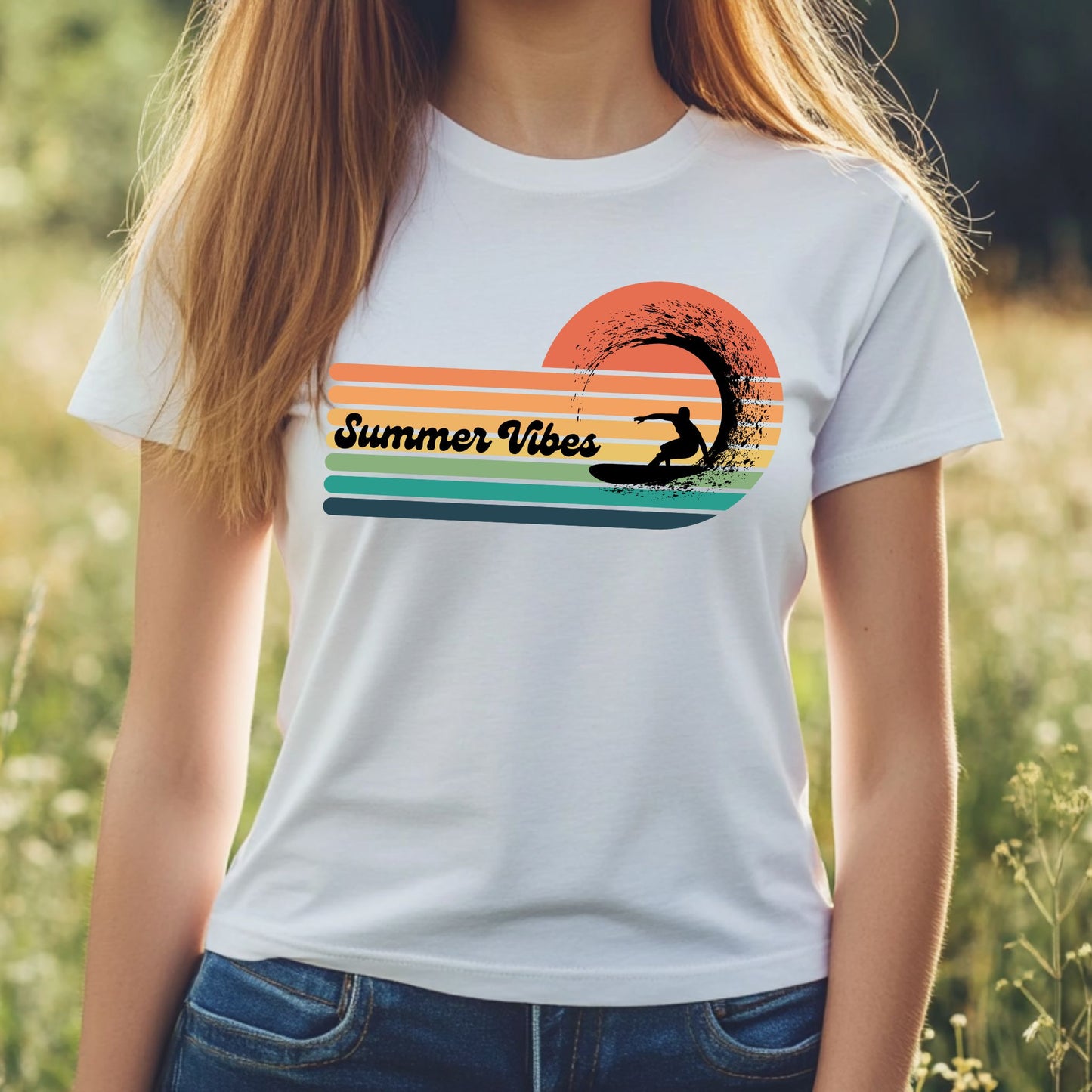 Summer Vibes Surf T-Shirt – Retro Wave Stripes & Surfer Graphic Tee