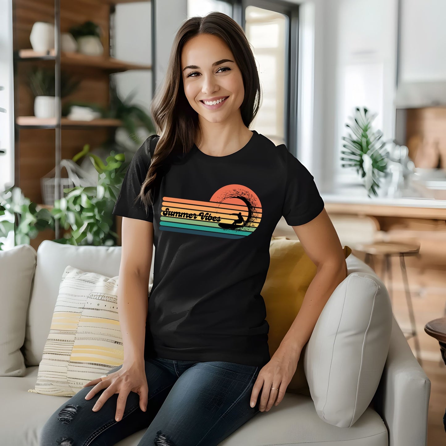 Summer Vibes Surf T-Shirt – Retro Wave Stripes & Surfer Graphic Tee
