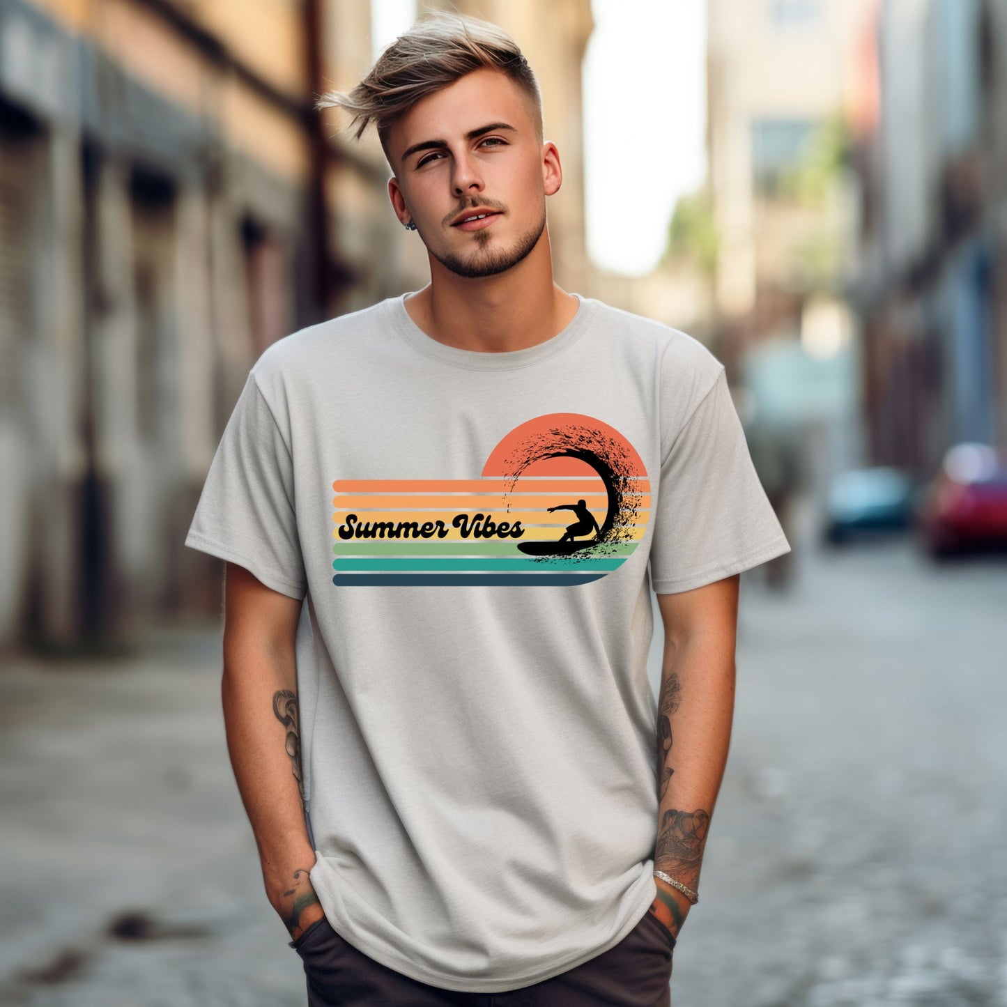 Summer Vibes Surf T-Shirt – Retro Wave Stripes & Surfer Graphic Tee