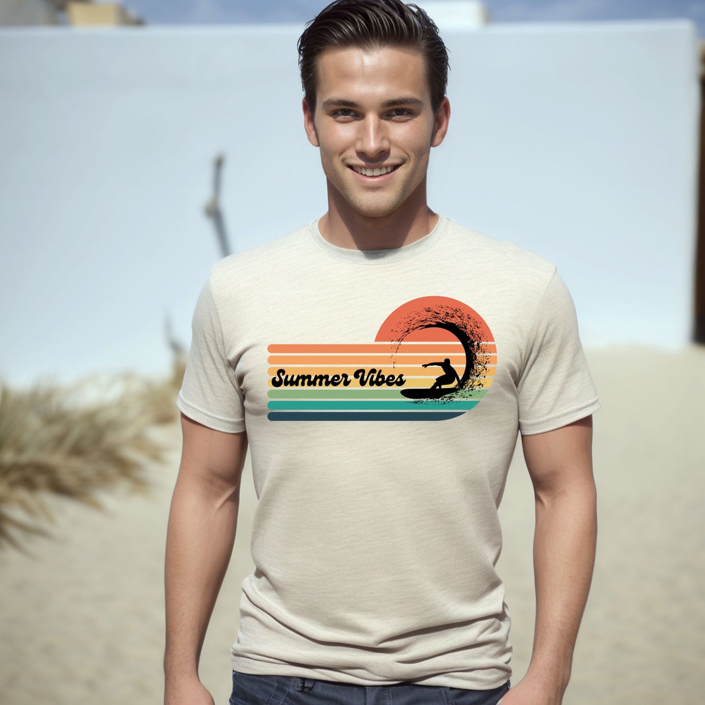 Summer Vibes Surf T-Shirt – Retro Wave Stripes & Surfer Graphic Tee