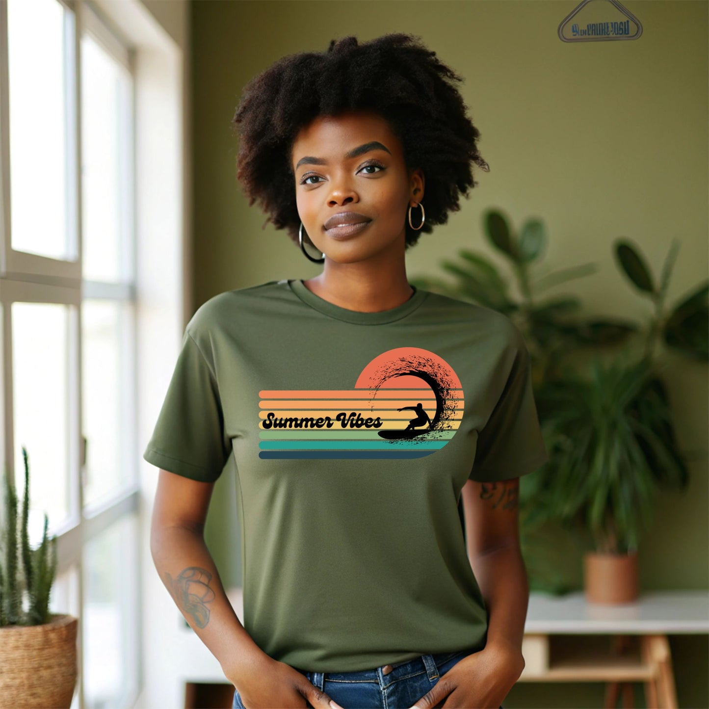 Summer Vibes Surf T-Shirt – Retro Wave Stripes & Surfer Graphic Tee
