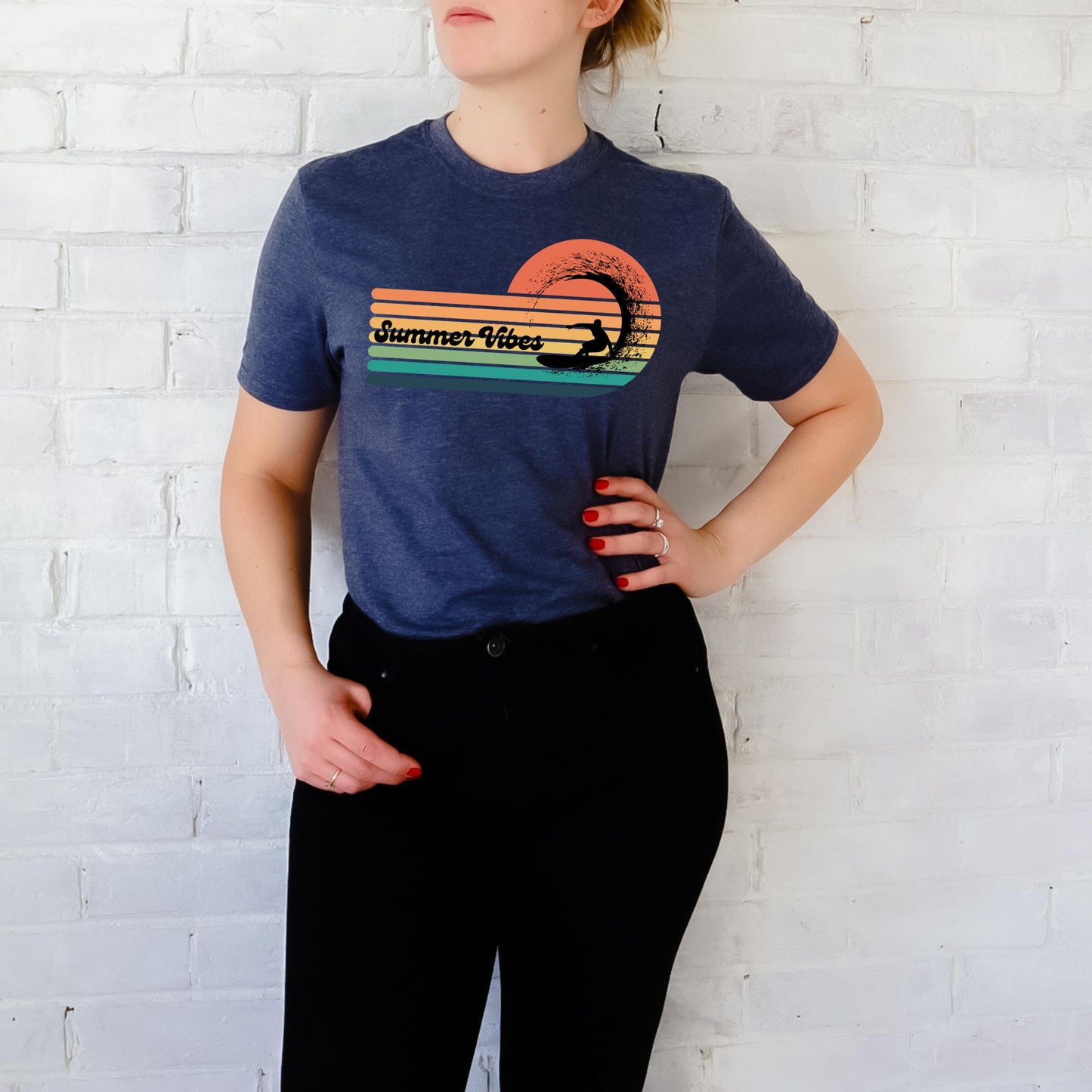 Summer Vibes Surf T-Shirt – Retro Wave Stripes & Surfer Graphic Tee