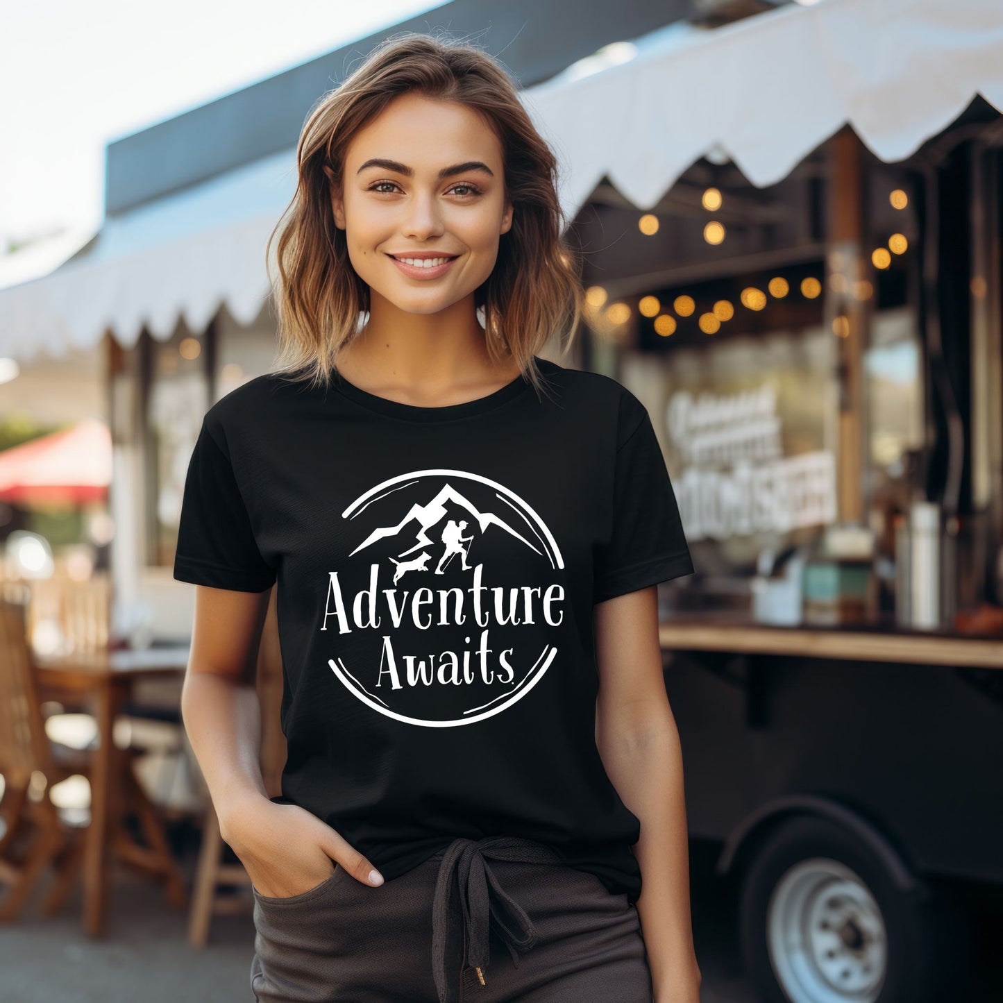 Adventure Awaits Hiking T-Shirt –Hiker & Dog Graphic Tee Hiking Tshirt