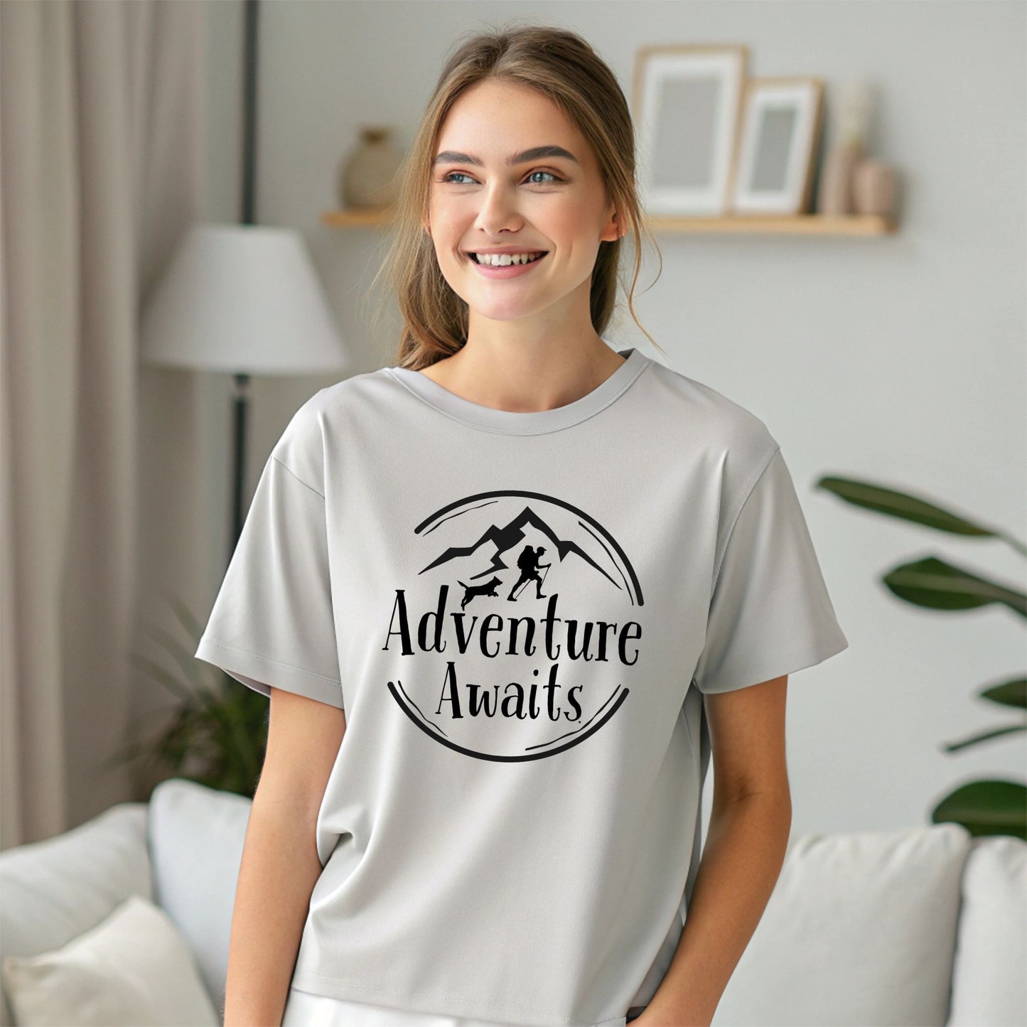 Adventure Awaits Hiking T-Shirt –Hiker & Dog Graphic Tee Hiking Tshirt