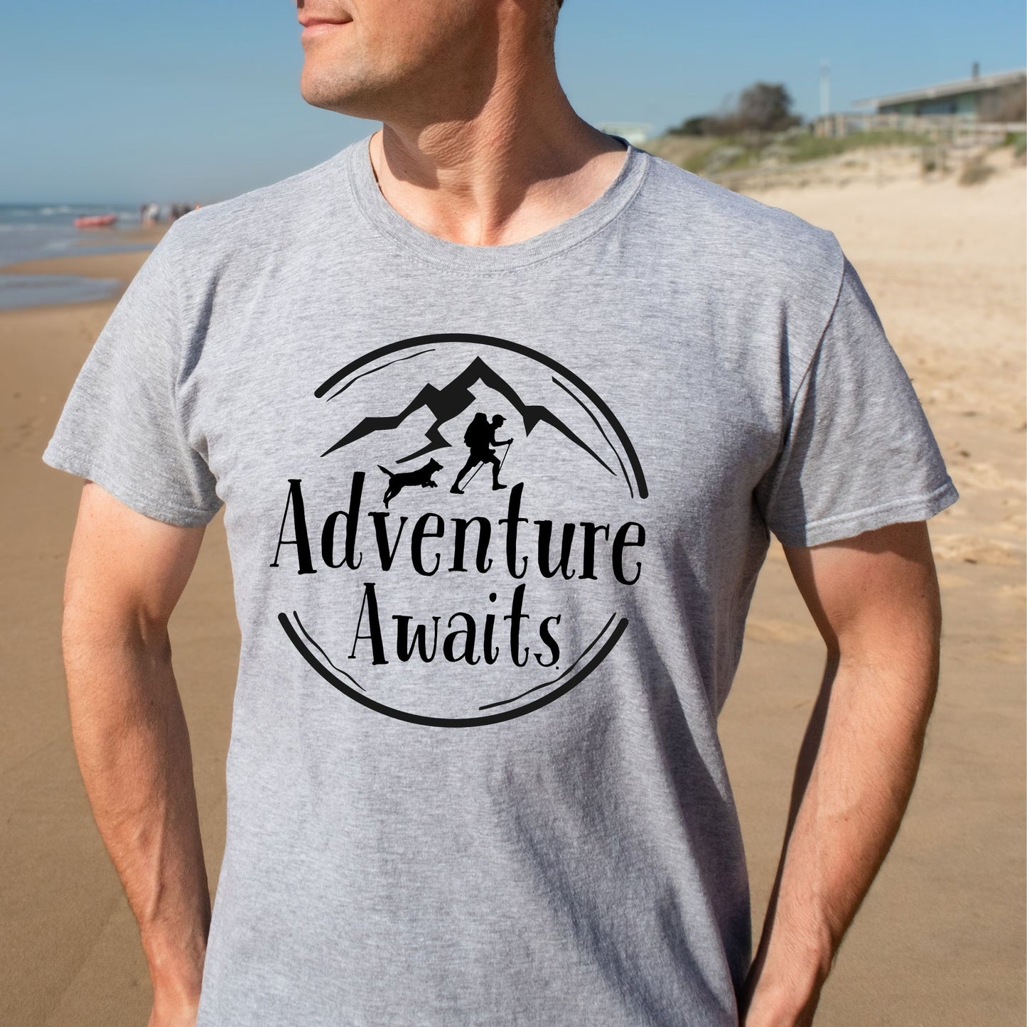 Adventure Awaits Hiking T-Shirt –Hiker & Dog Graphic Tee Hiking Tshirt