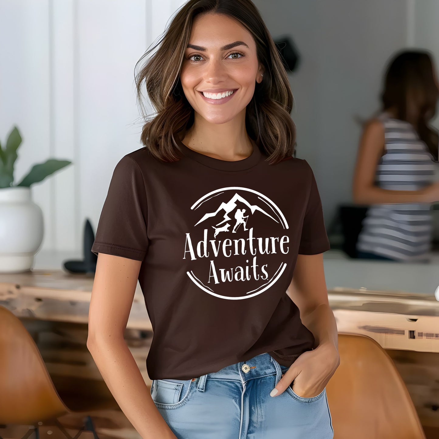 Adventure Awaits Hiking T-Shirt –Hiker & Dog Graphic Tee Hiking Tshirt