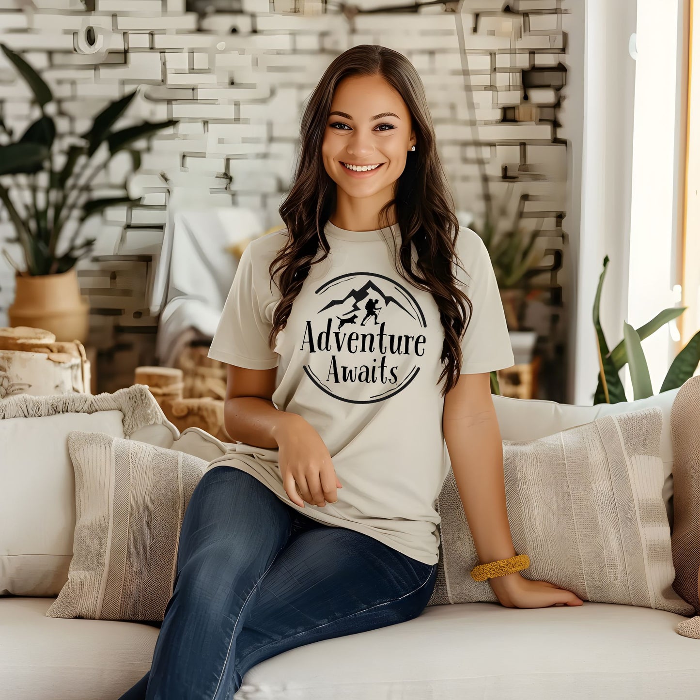 Adventure Awaits Hiking T-Shirt –Hiker & Dog Graphic Tee Hiking Tshirt
