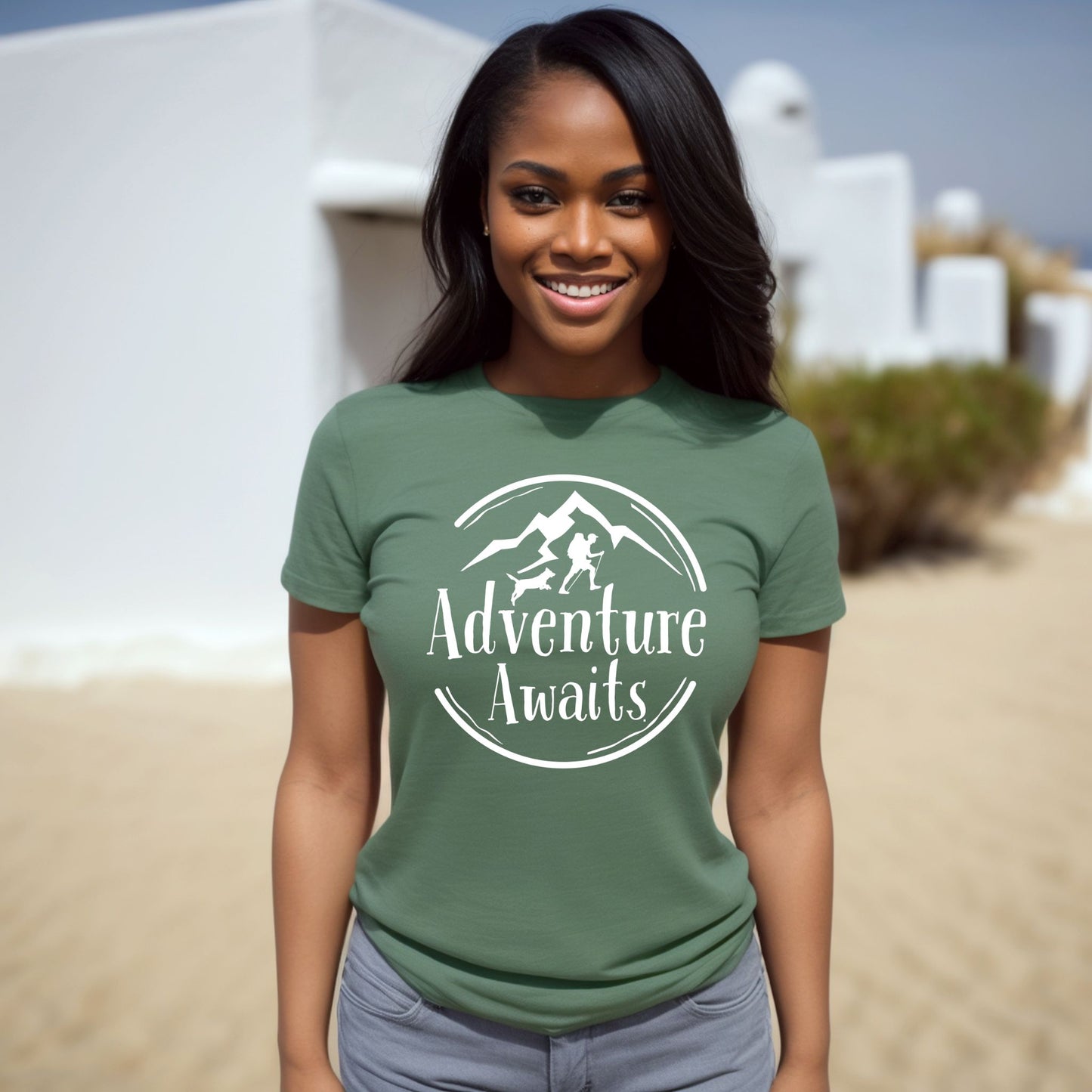 Adventure Awaits Hiking T-Shirt –Hiker & Dog Graphic Tee Hiking Tshirt
