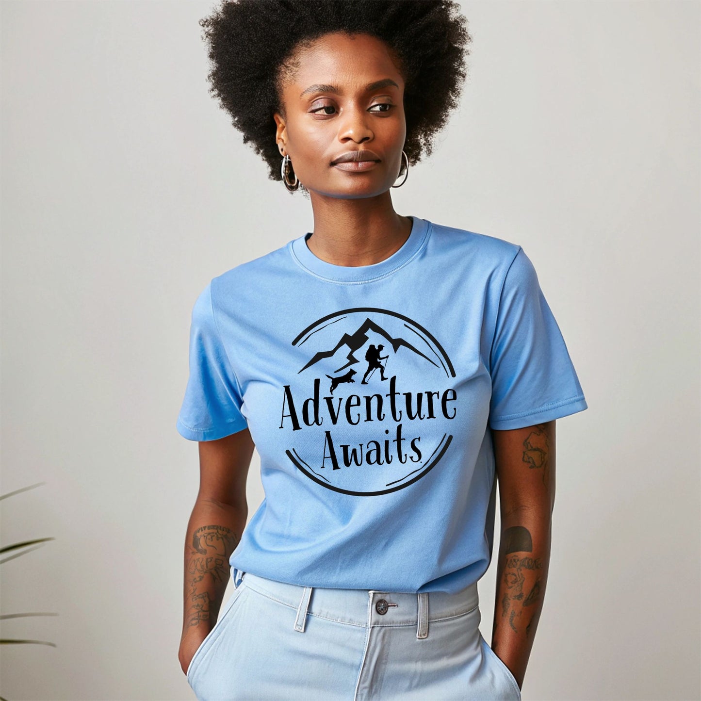 Adventure Awaits Hiking T-Shirt –Hiker & Dog Graphic Tee Hiking Tshirt