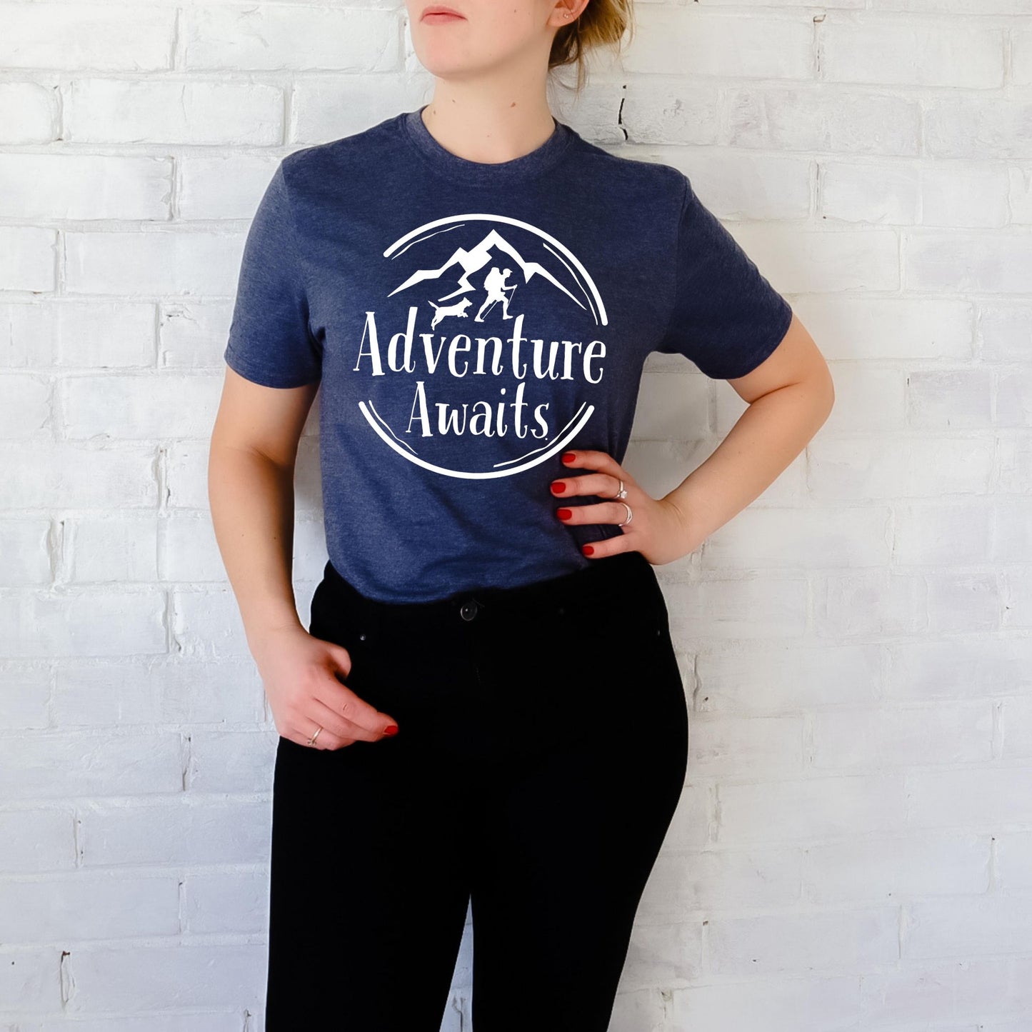 Adventure Awaits Hiking T-Shirt –Hiker & Dog Graphic Tee Hiking Tshirt