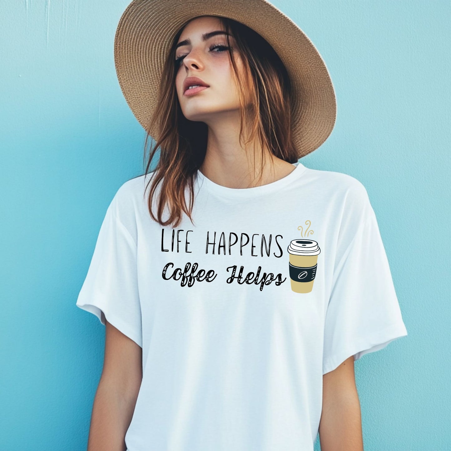 Life Happens Coffee Helps T-Shirt – Funny Coffee Graphic Tee for Caffeine Lovers