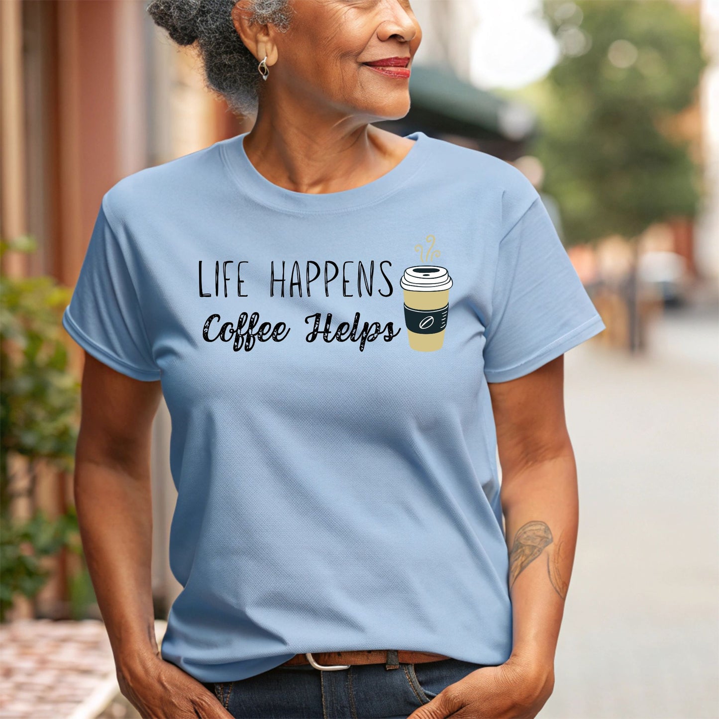 Life Happens Coffee Helps T-Shirt – Funny Coffee Graphic Tee for Caffeine Lovers