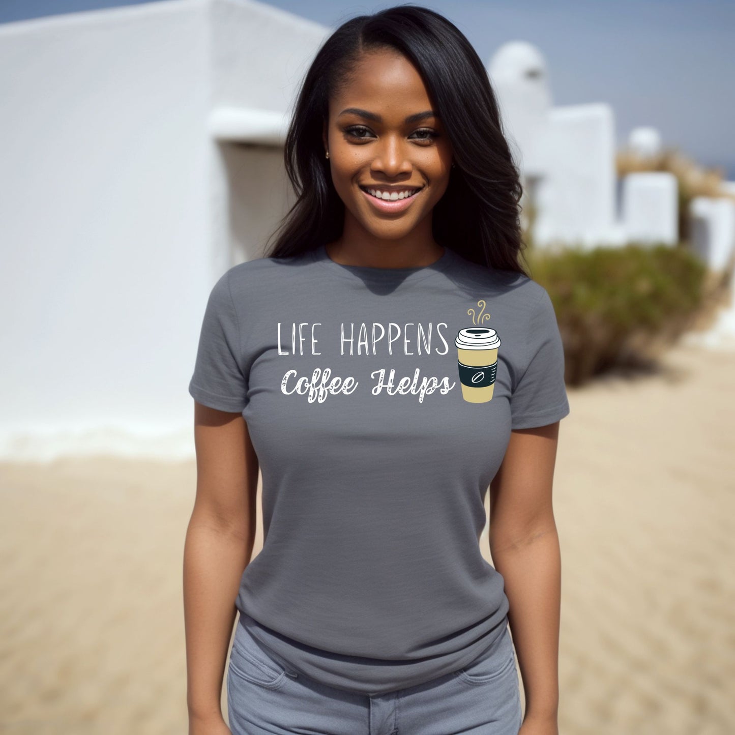 Life Happens Coffee Helps T-Shirt – Funny Coffee Graphic Tee for Caffeine Lovers