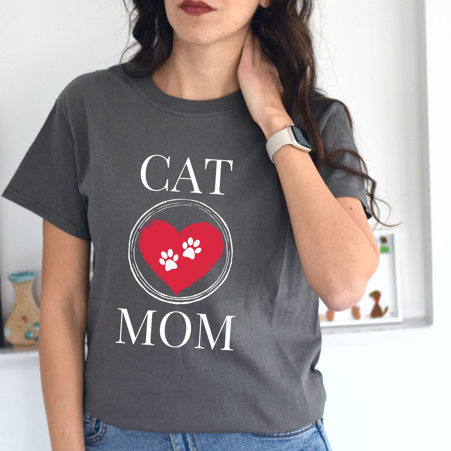 Cat Mom T-Shirt, Pet Lover Tee, Heart Pawprint Shirt, Gift for Cat Owner, Mother's Day Gift